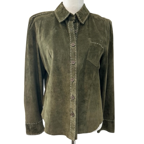 Olive Green Suede Button-Up Long Sleeve Shirt - Picture 1 of 16